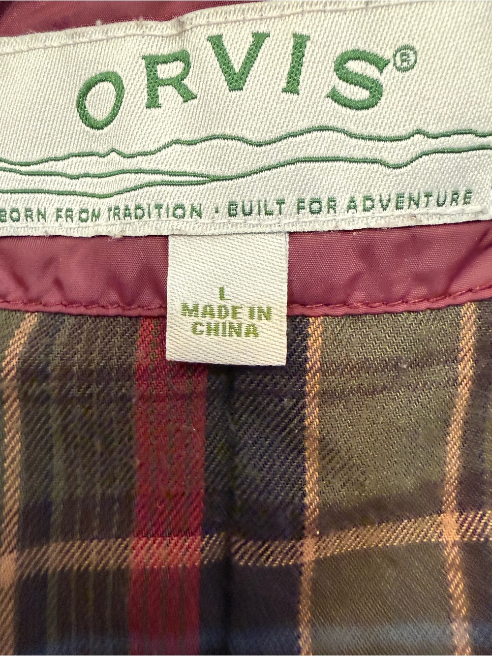Orvis Plaid Flannel-Lined Jacket in Olive and Red Tones leather collar hood - Picture 4 of 11